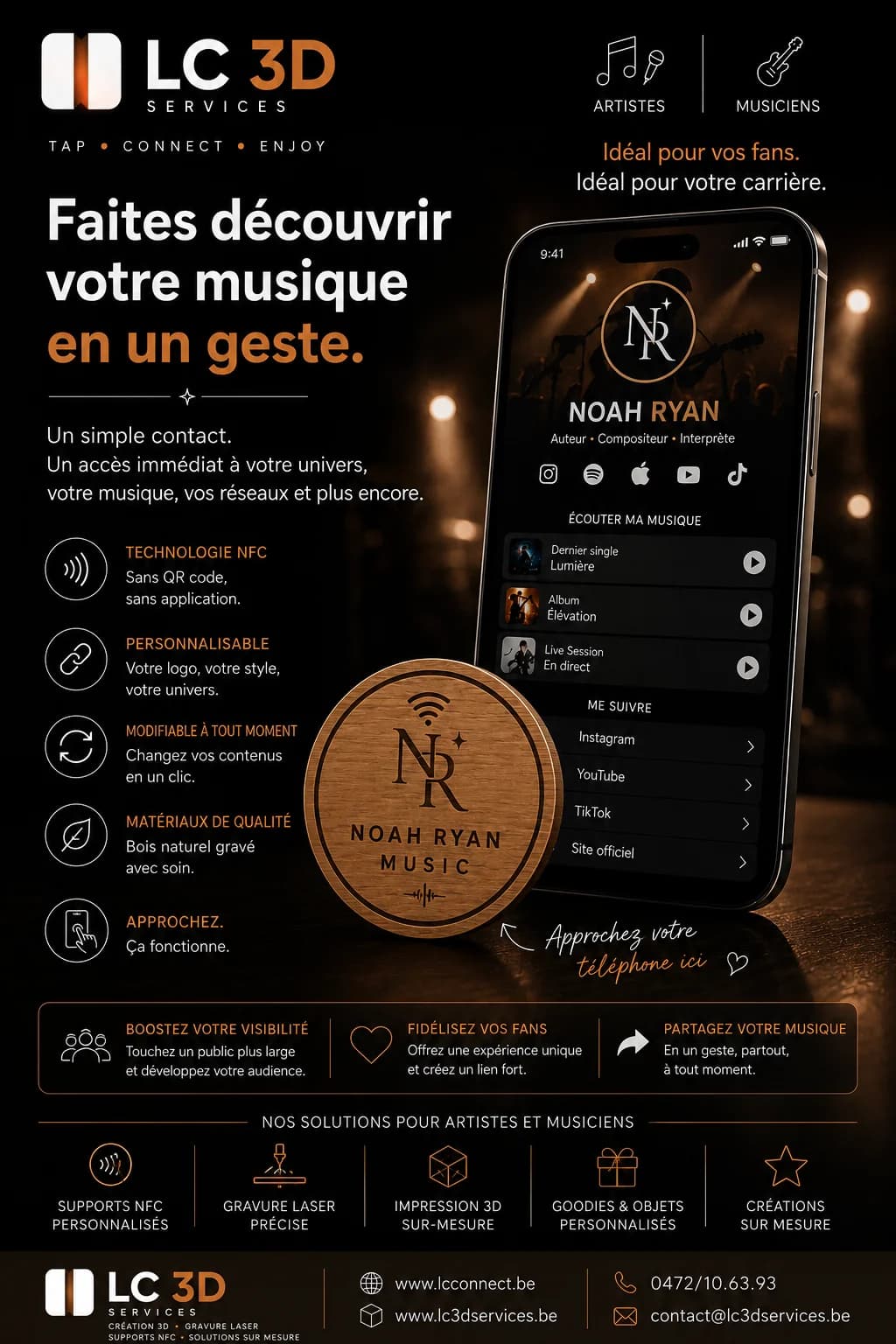 Carte NFC d'artiste « Noah Ryan Music » — bio, streaming et réseaux accessibles en un tap
