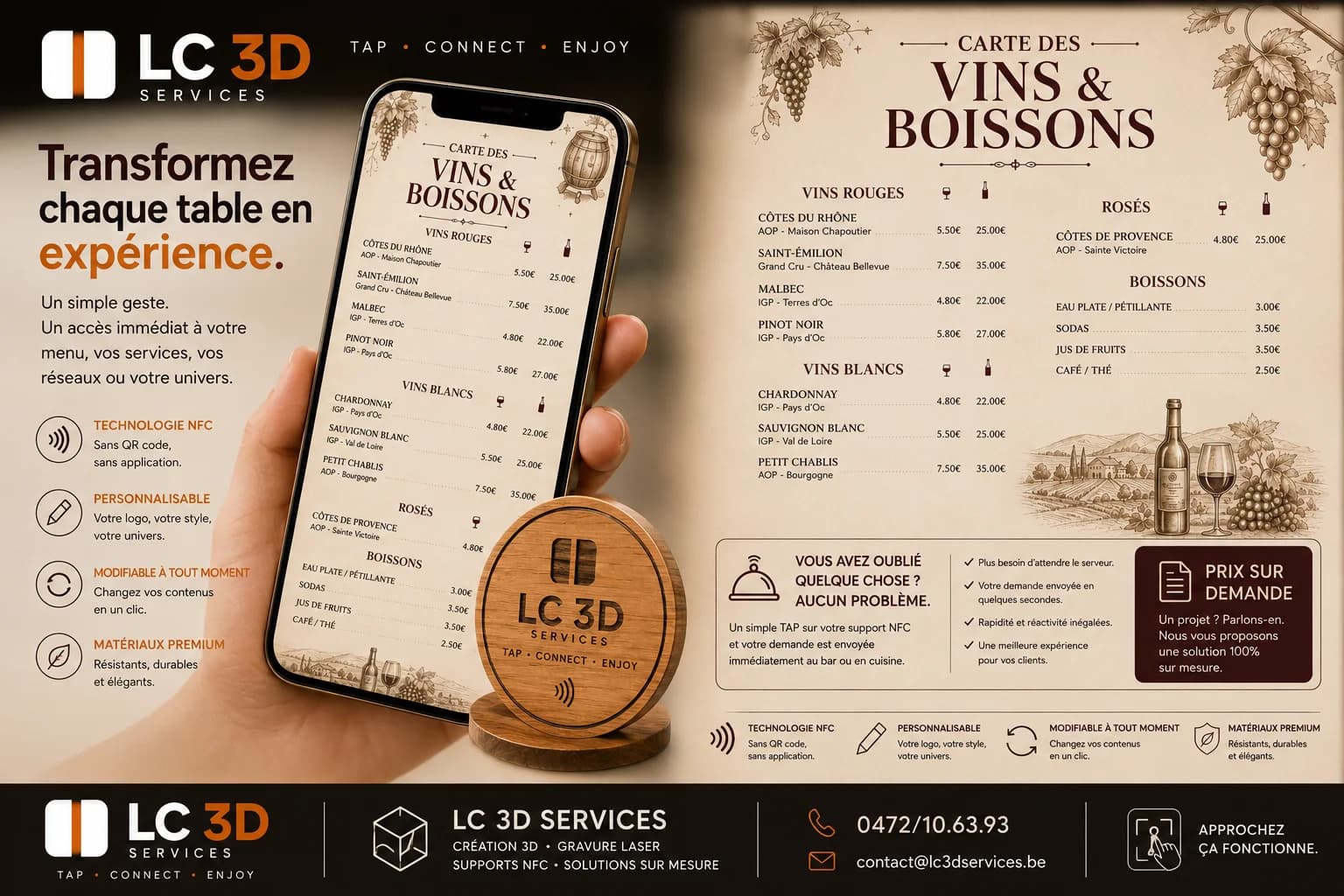 Menu NFC gravé sur support bois — carte des vins et boissons d'un restaurant