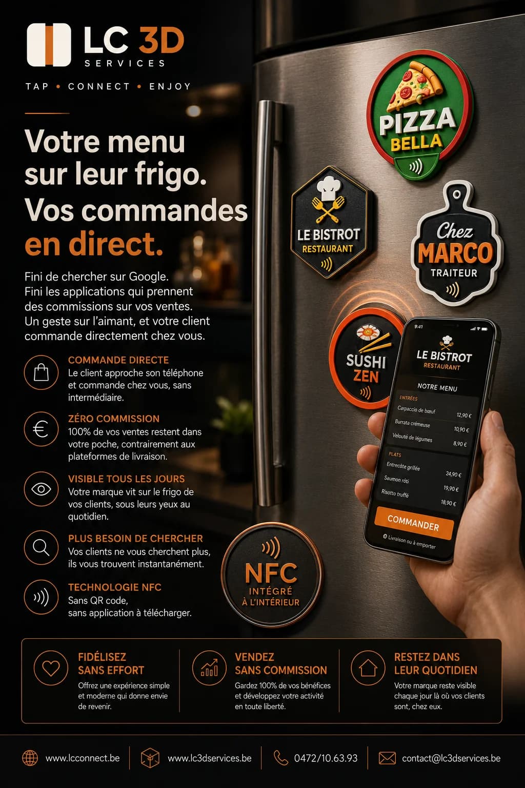 Flyer aimant NFC connecté pour restaurant — commander depuis son frigo en un tap