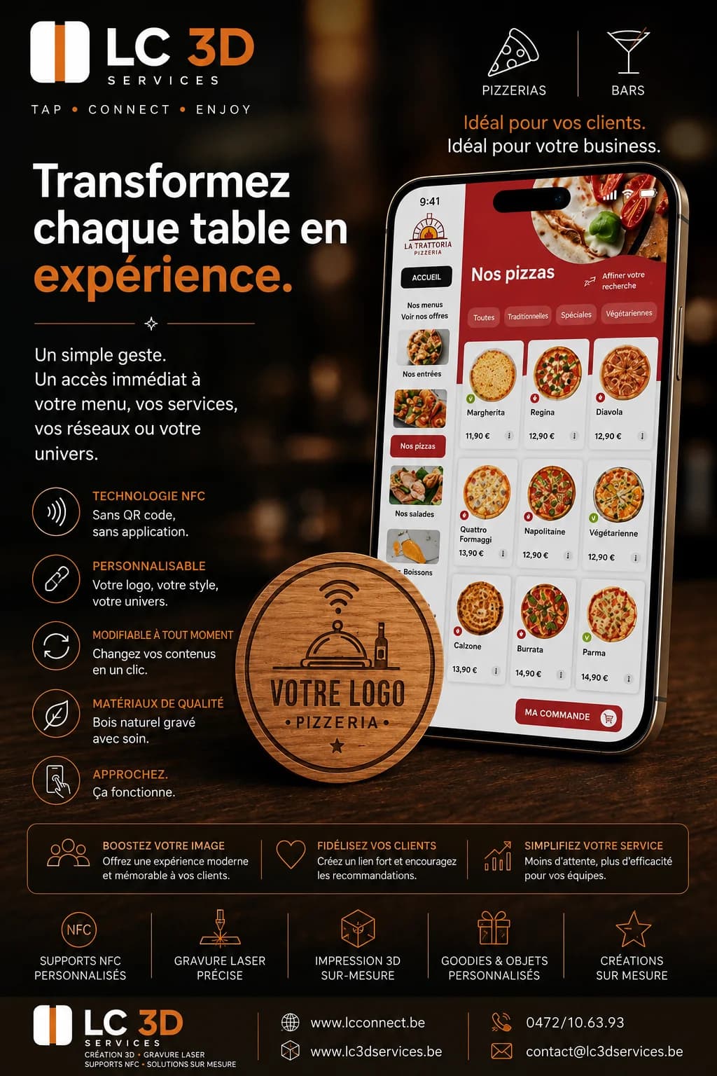 Flyer menu digital NFC pour pizzeria et bar — la carte s'ouvre en approchant le téléphone