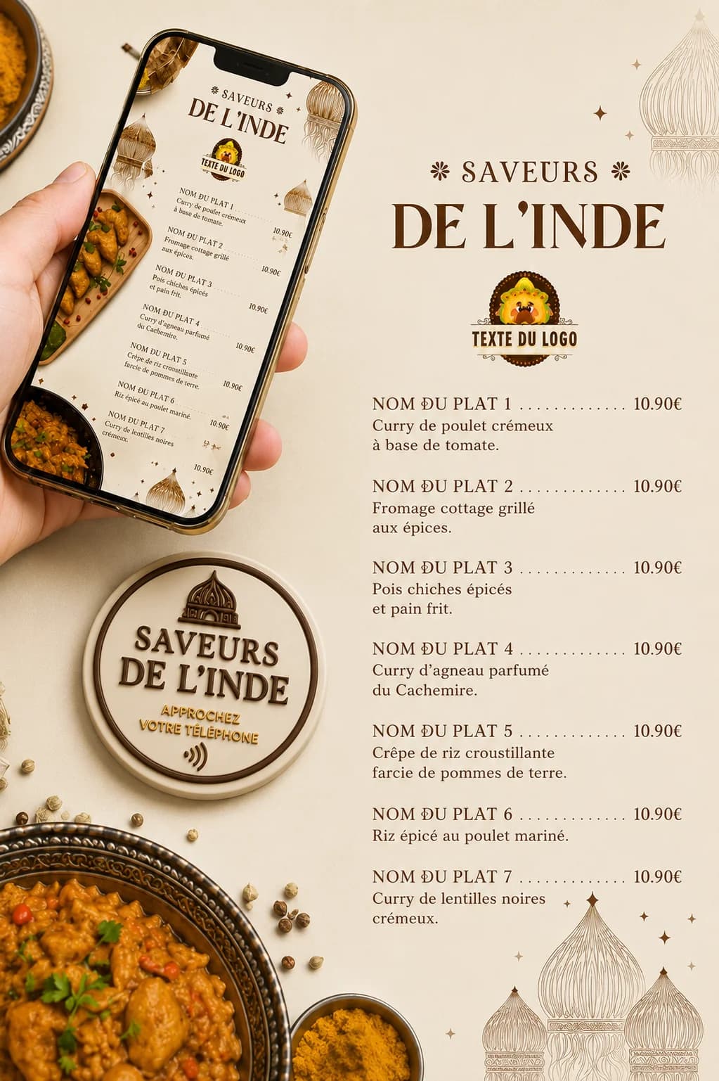 Flyer menu NFC du restaurant Saveurs de l'Inde — palette dorée et beige