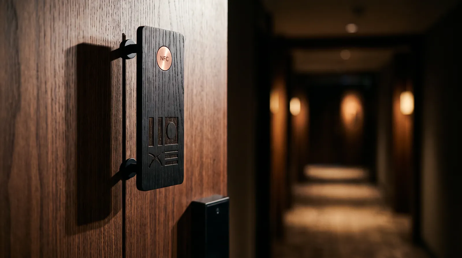 Plaque de chambre en bois gravée au laser avec NFC sur une porte d'hôtel