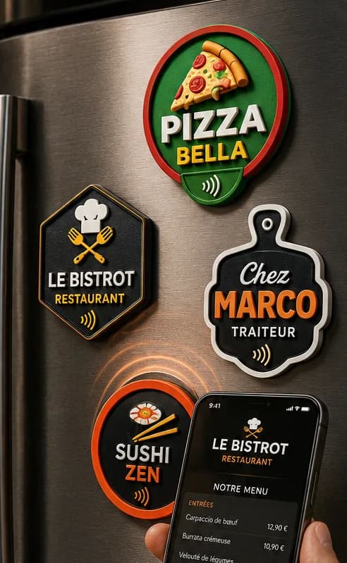 Magnets NFC de restaurants aimantés sur un frigo, menu ouvert sur un téléphone