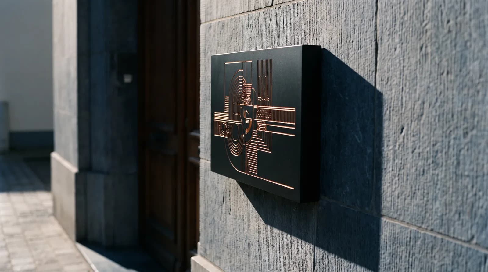 Plaque de façade en métal noir gravée au laser sur un mur en pierre d'étude notariale