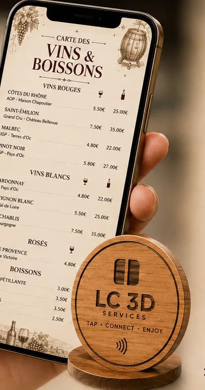 Chevalet rond en bois gravé au laser avec NFC, carte des vins ouverte sur un téléphone